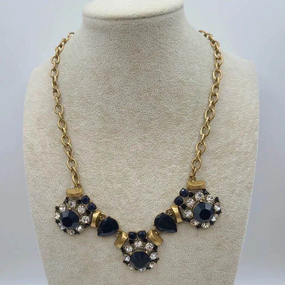 J Crew Black Resin Clear Crystal Gold Tone Vintage Necklace